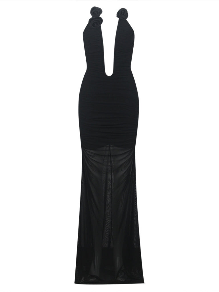 Ahinoam Strapless Flower Bandage Maxi Dress In Black