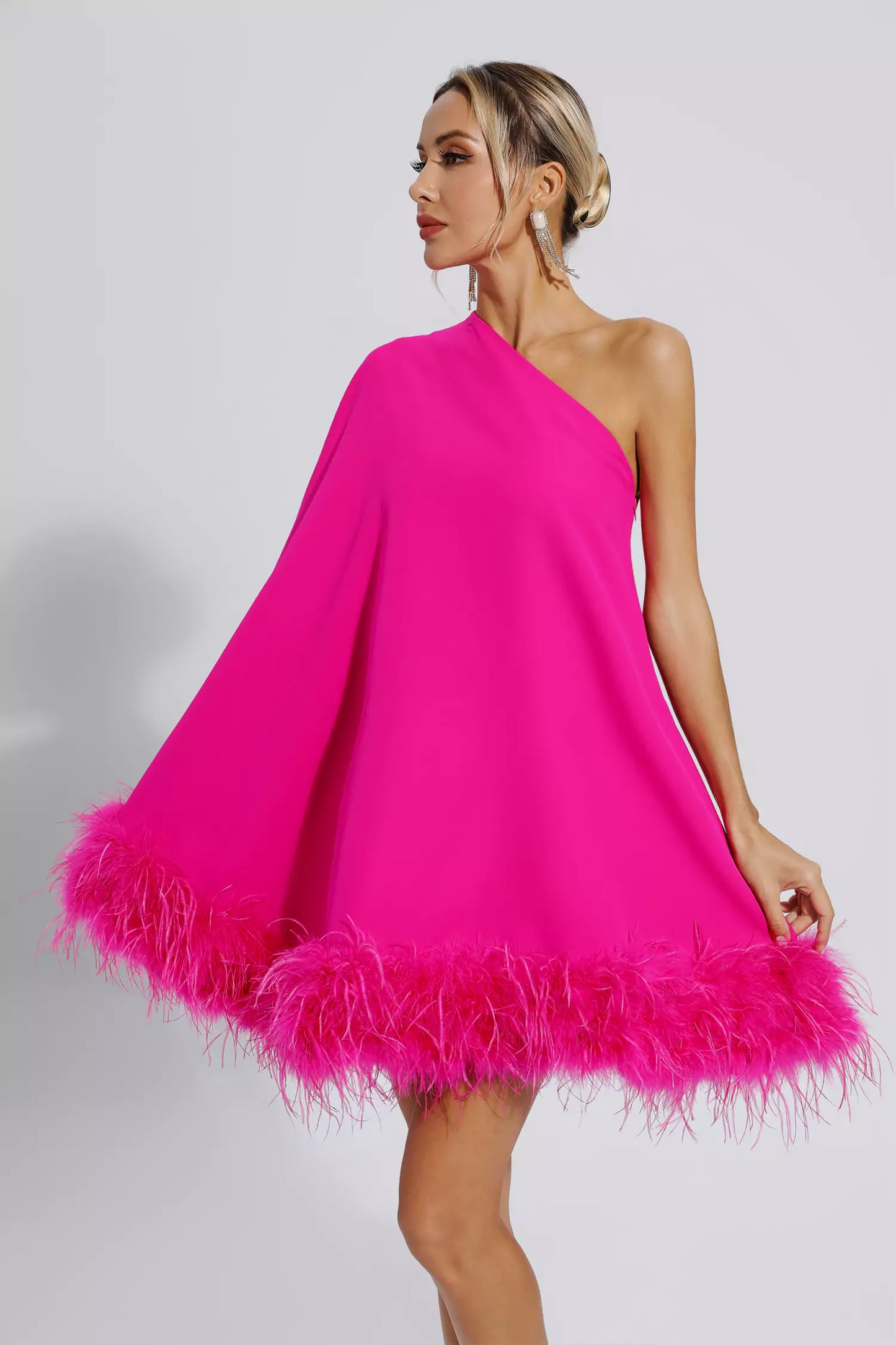 Ailani Pink Feather Trim One Shoulder Mini Dress