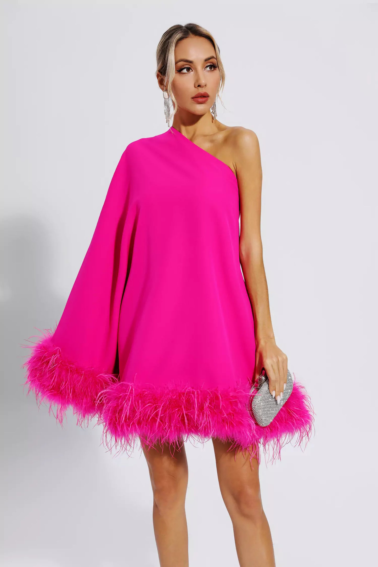 Ailani Pink Feather Trim One Shoulder Mini Dress