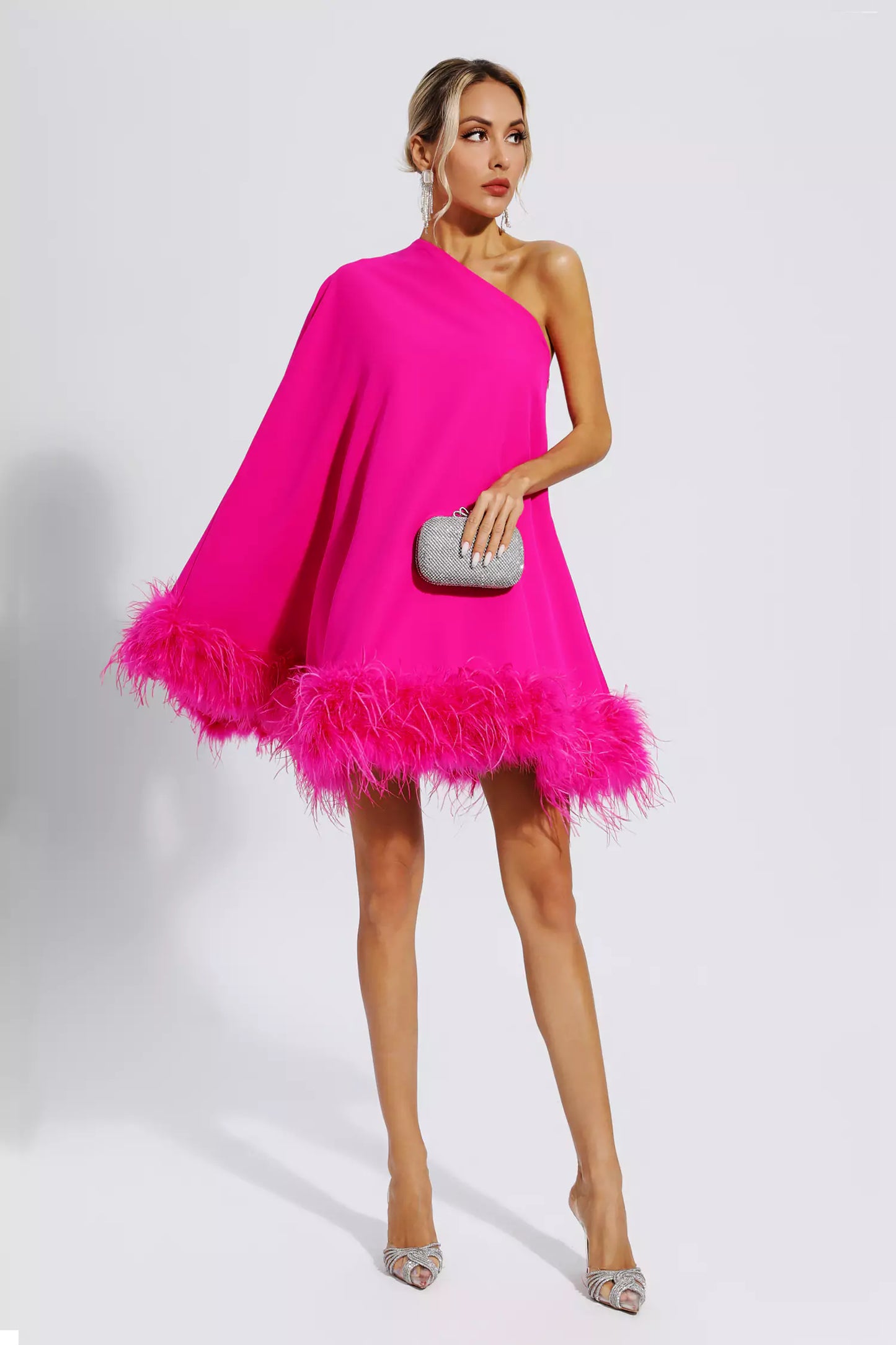 Ailani Pink Feather Trim One Shoulder Mini Dress