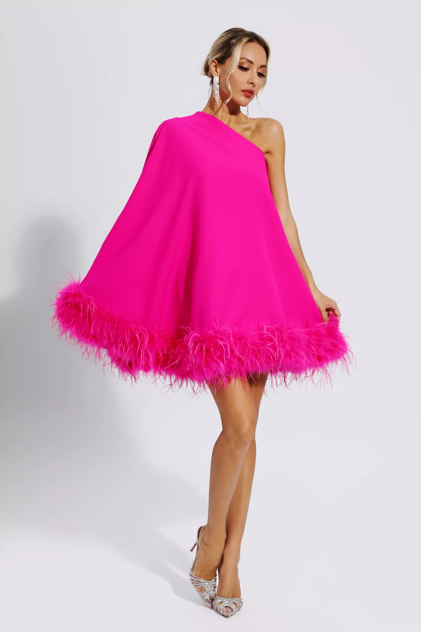 Ailani Pink Feather Trim One Shoulder Mini Dress