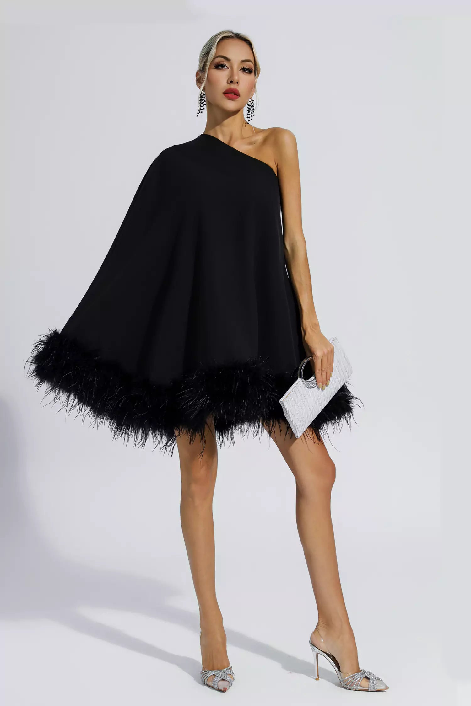 Ailani Black Feather Trim One Shoulder Mini Dress – FancyAdd