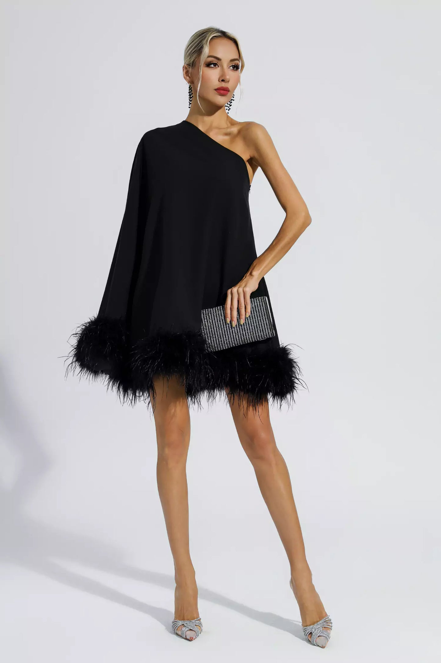 Ailani Black Feather Trim One Shoulder Mini Dress