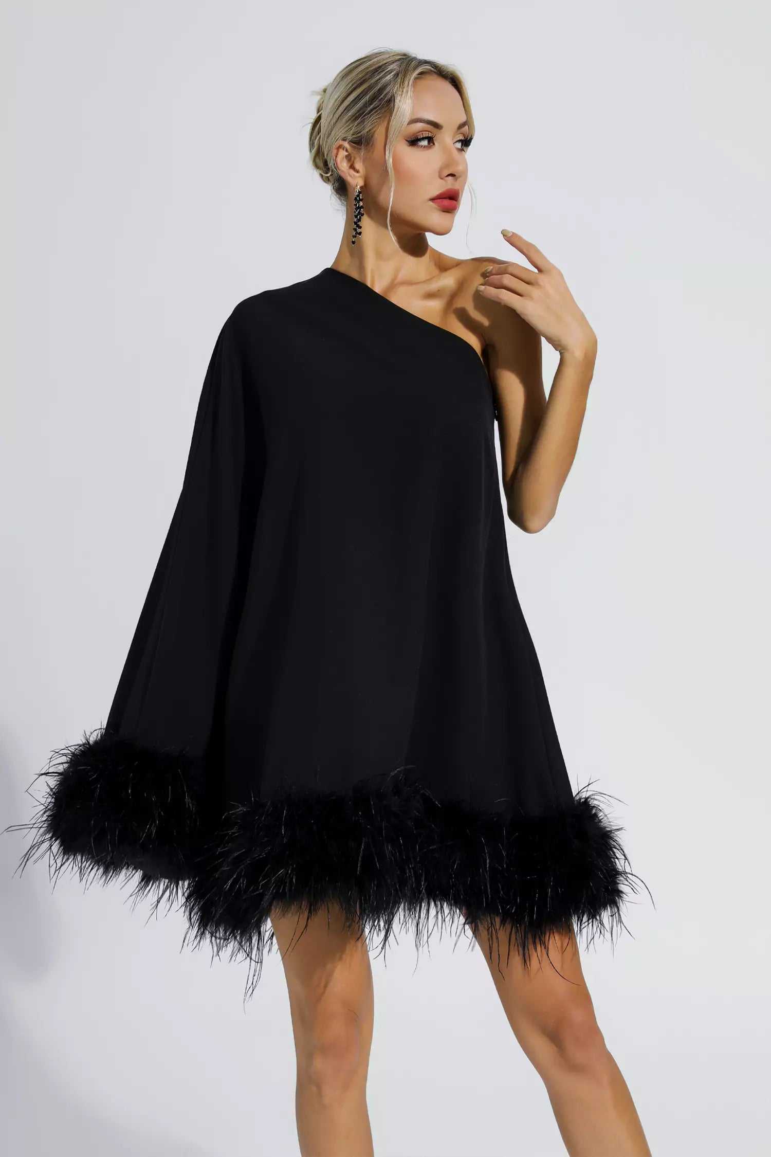 Ailani Black Feather Trim One Shoulder Mini Dress – FancyAdd