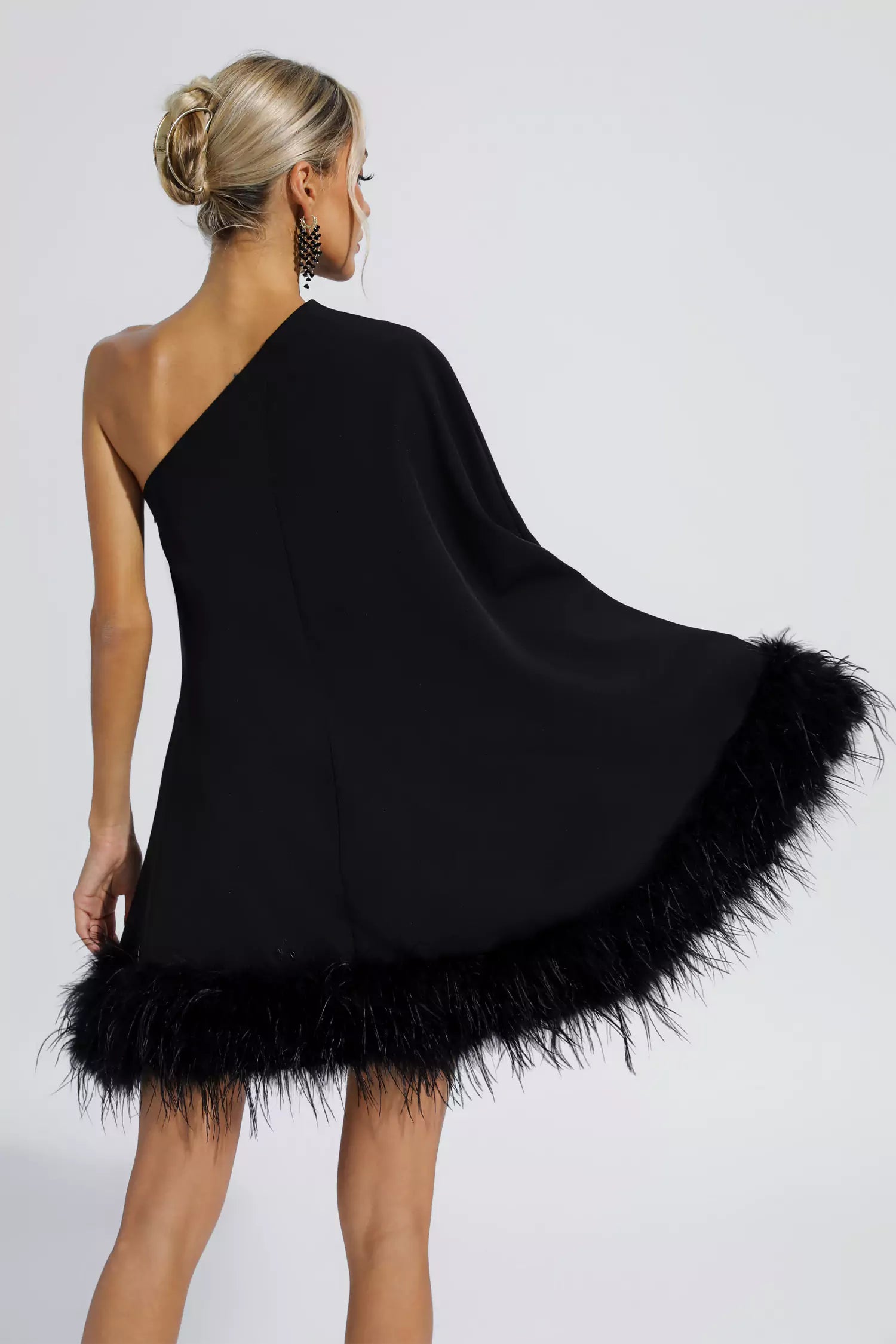 Ailani Black Feather Trim One Shoulder Mini Dress FancyAdd Ailani Black Feather Trim One Shoulder Mini Dress FancyAdd