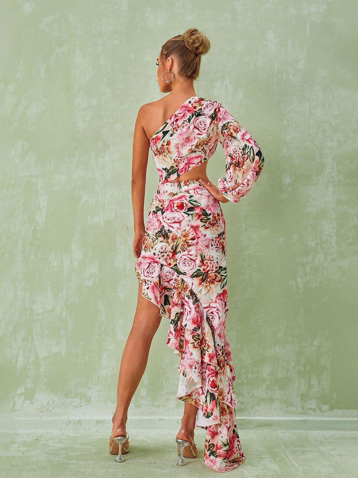 floral one shoulder maxi dress SUGARLIPS Women's Glena One-Shoulder - Pink A pleated band at the waist sits between a gathered bodice and single tier maxi skirt Single Shoulder Maxi Dress in