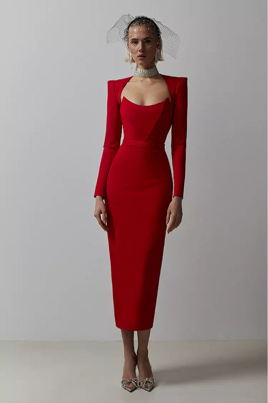 Alaina Red Long Sleeve Midi Work Dress