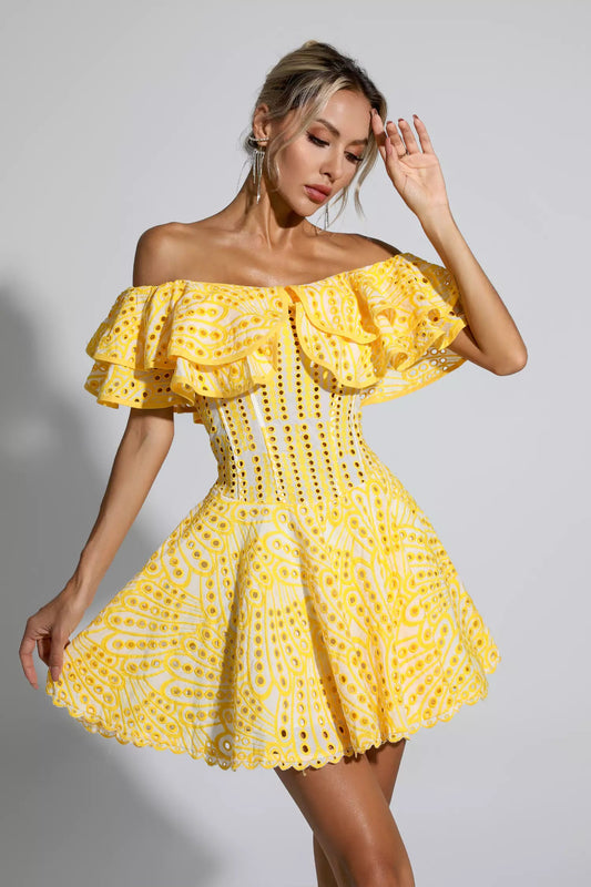 Amora Yellow Cutout Ruffle Mini Dress