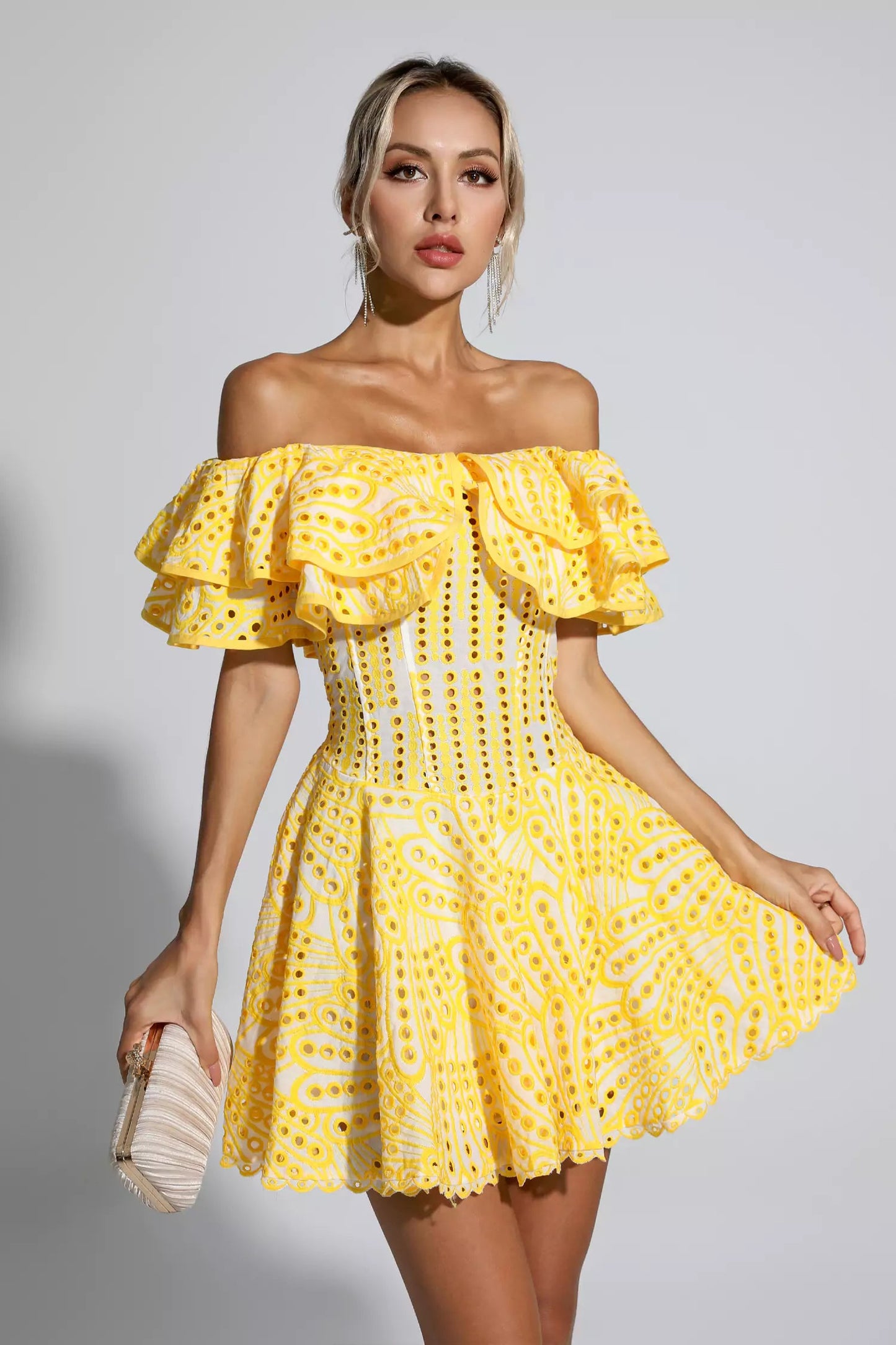 Amora Yellow Cutout Ruffle Mini Dress