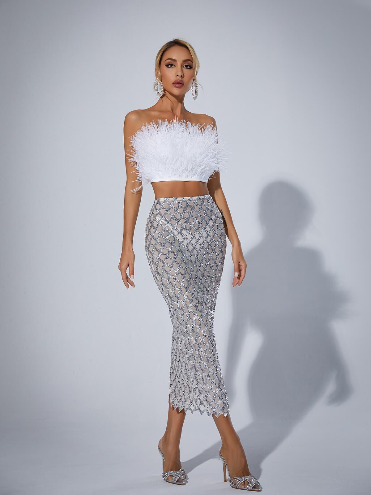 Ansley Strapless Feather Mesh Skirt Set In White