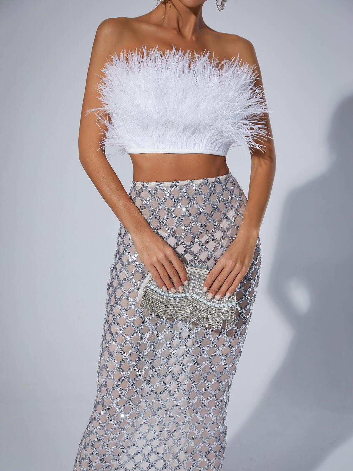 Ansley Strapless Feather Mesh Skirt Set In White