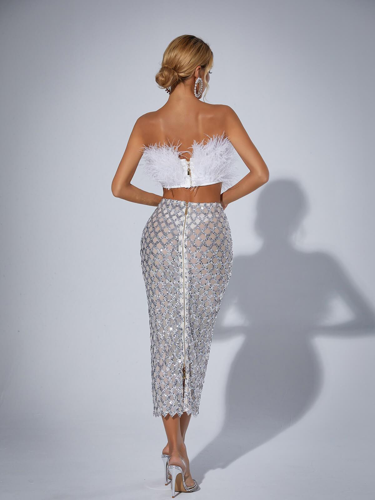 Ansley Strapless Feather Mesh Skirt Set In White