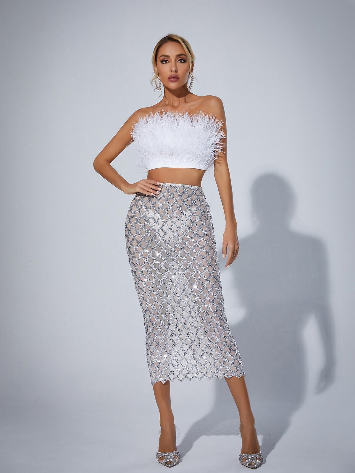 Ansley Strapless Feather Mesh Skirt Set In White