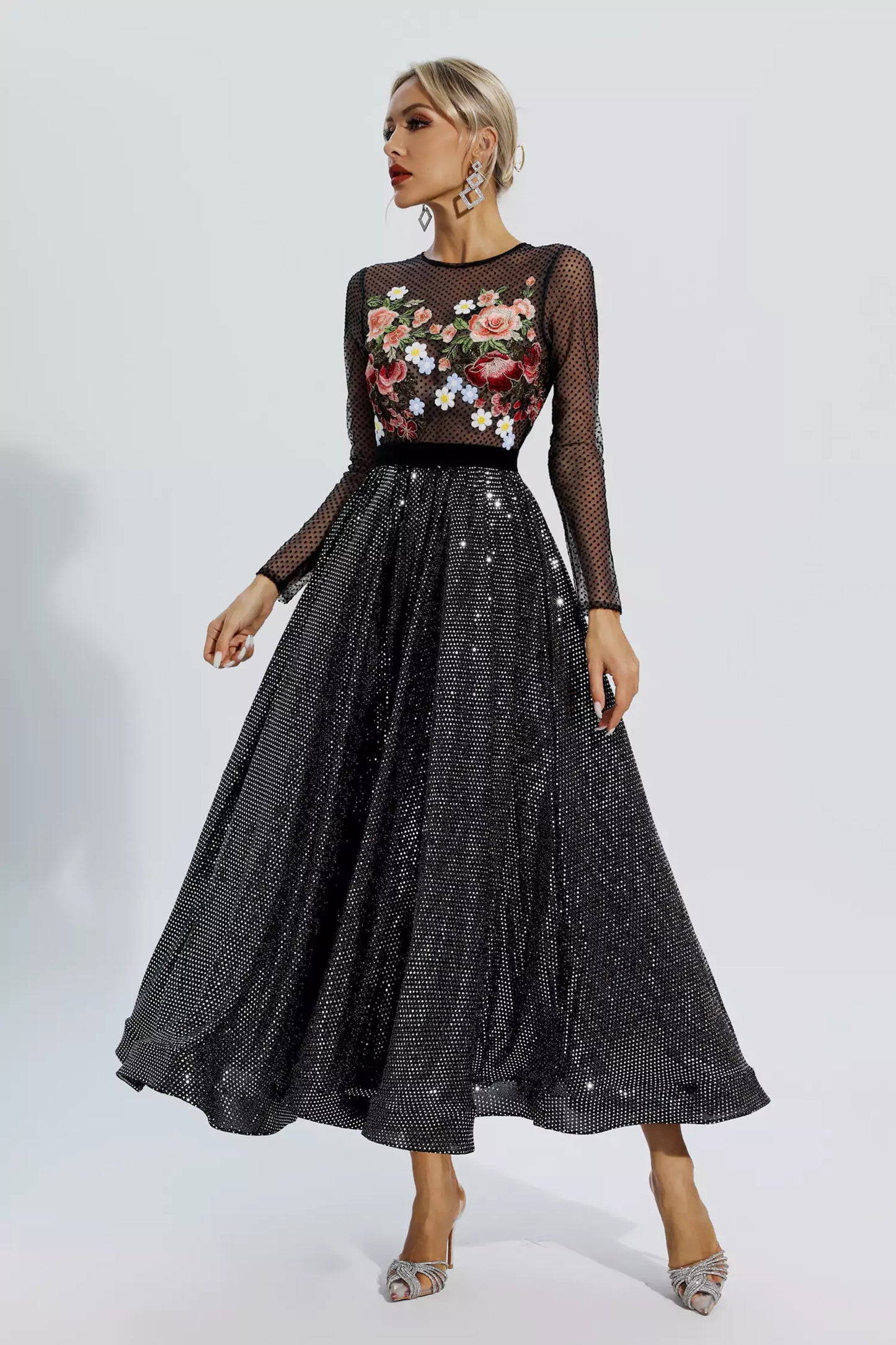 Antonella Black Floral Embroidery Maxi Dress