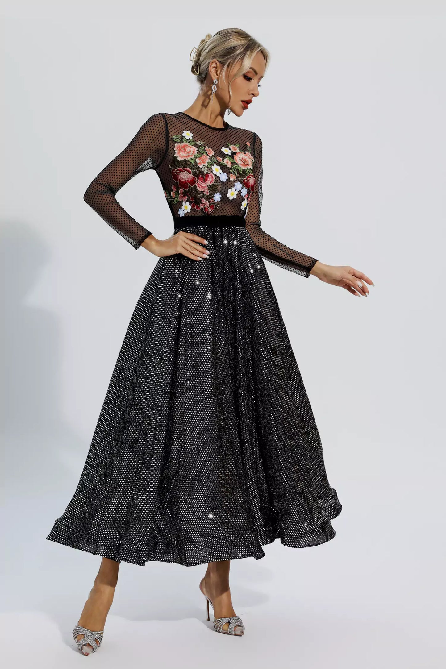 Antonella Black Floral Embroidery Maxi Dress