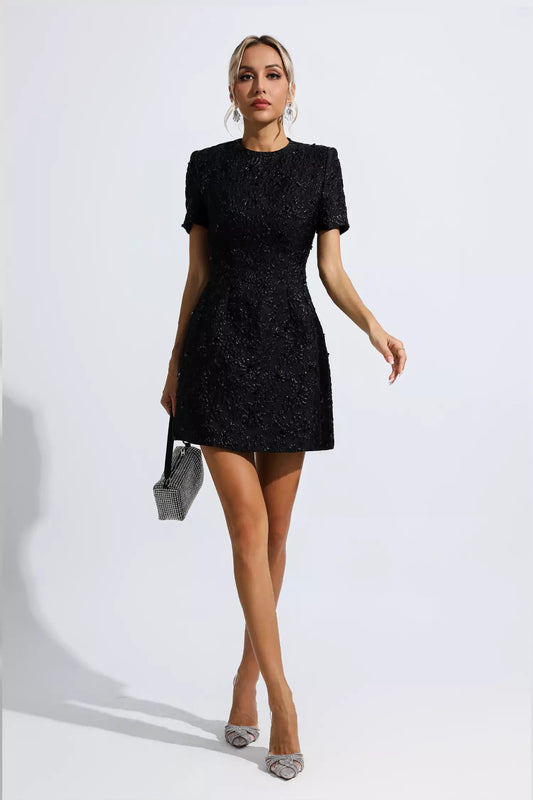 Astrid Black Jacquard Floral Mini Dress