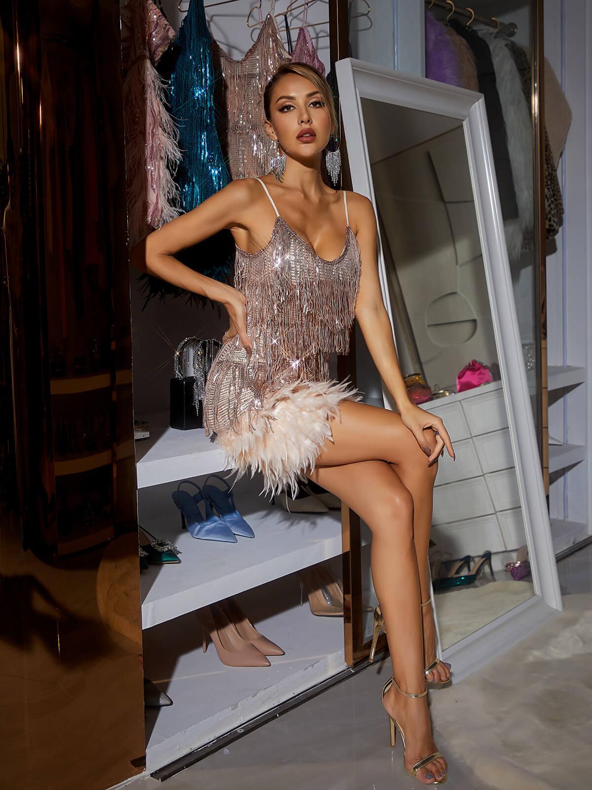 austyn tassel feather mini dress Austyn Tassel Feather Mini Dress In Pink-Mix MIx Style