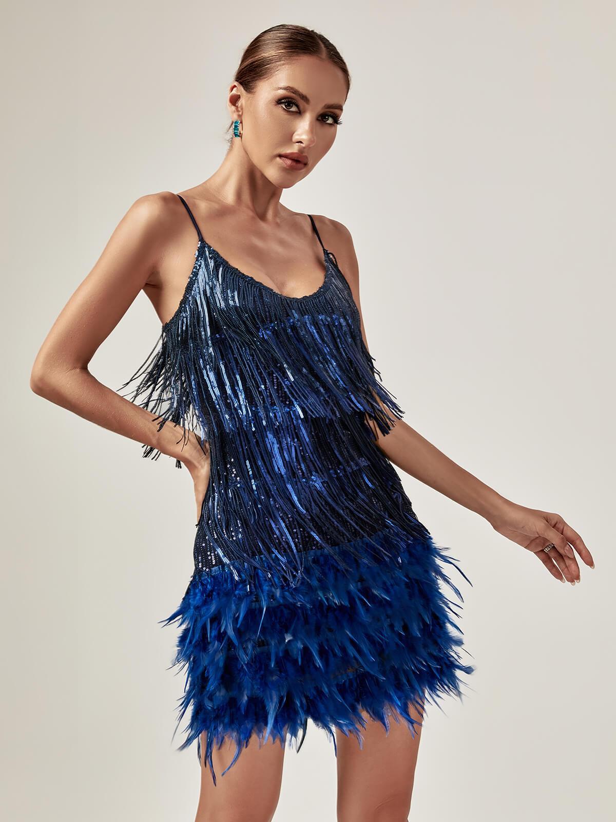 Austyn Tassel Feather Mini Dress In Royal Blue FancyAdd Austyn Tassel Feather Mini Dress In Royal Blue FancyAdd
