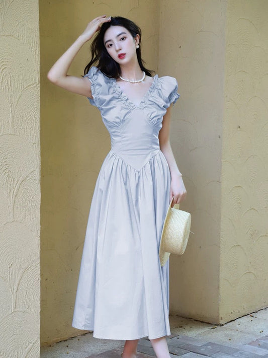 Puff Sleeve Pocket Maxi Dress in Blue