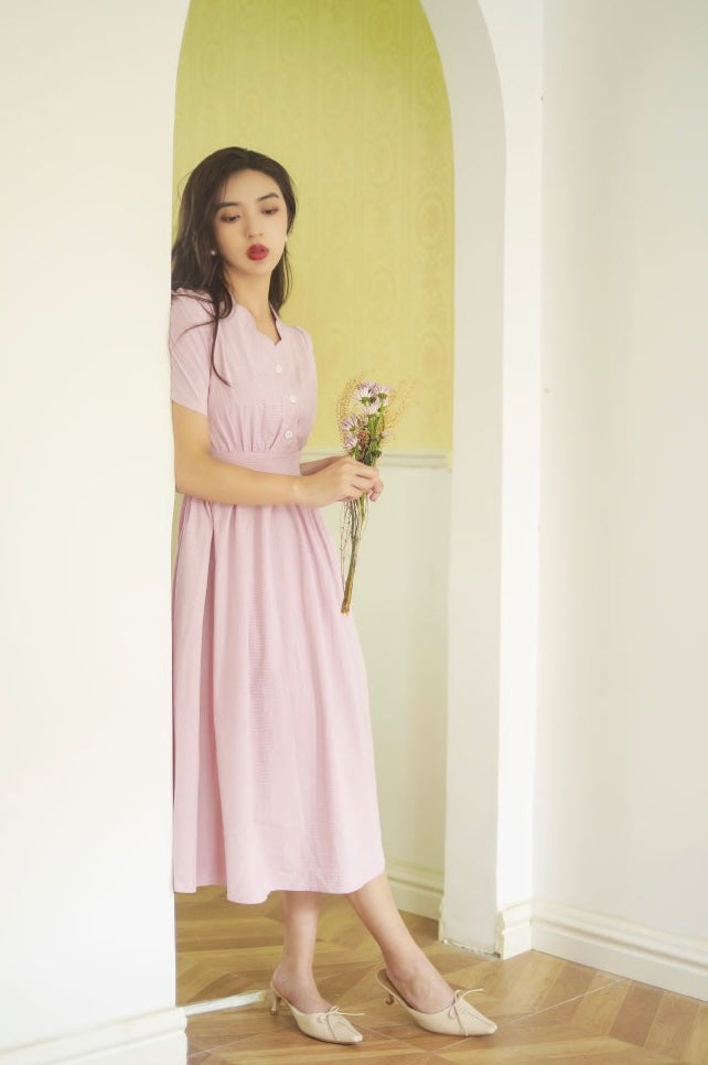 Vintage Scallop Edge Midi Dress in Pink