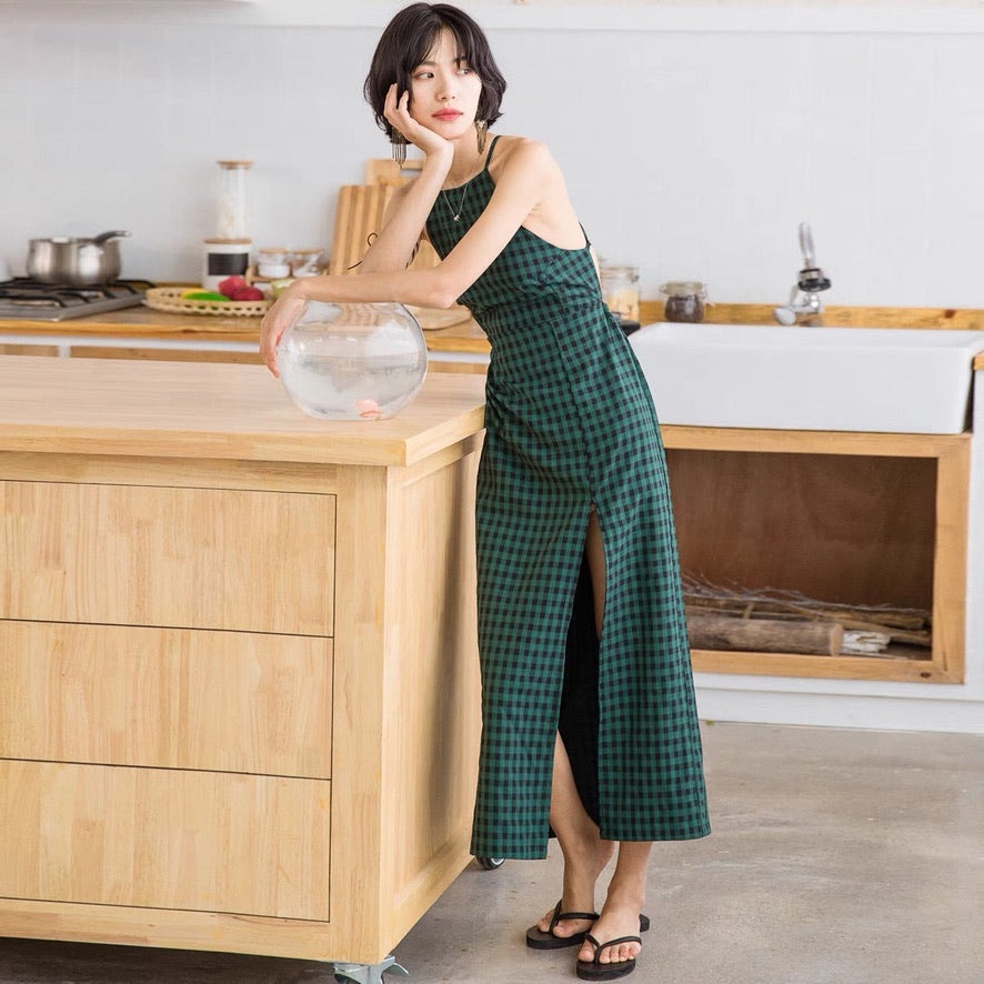 체크 타이백 슬릿 맥시 드레스