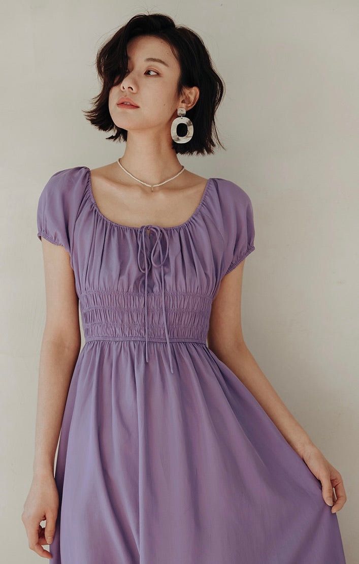 Puff Sleeve Smocked Flare Dress in Purple