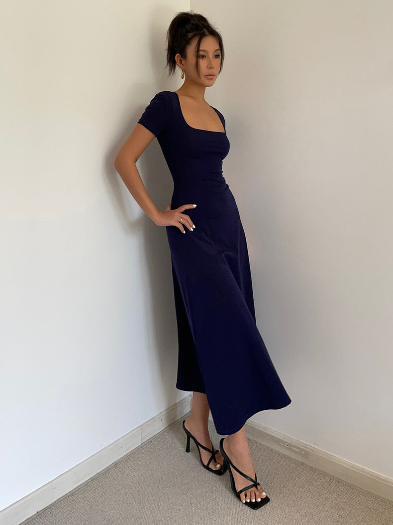 Short Sleeve Flare Maxi Dress in Navy