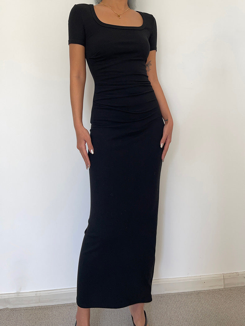 Short Sleeve Fitted Maxi Dress in Black