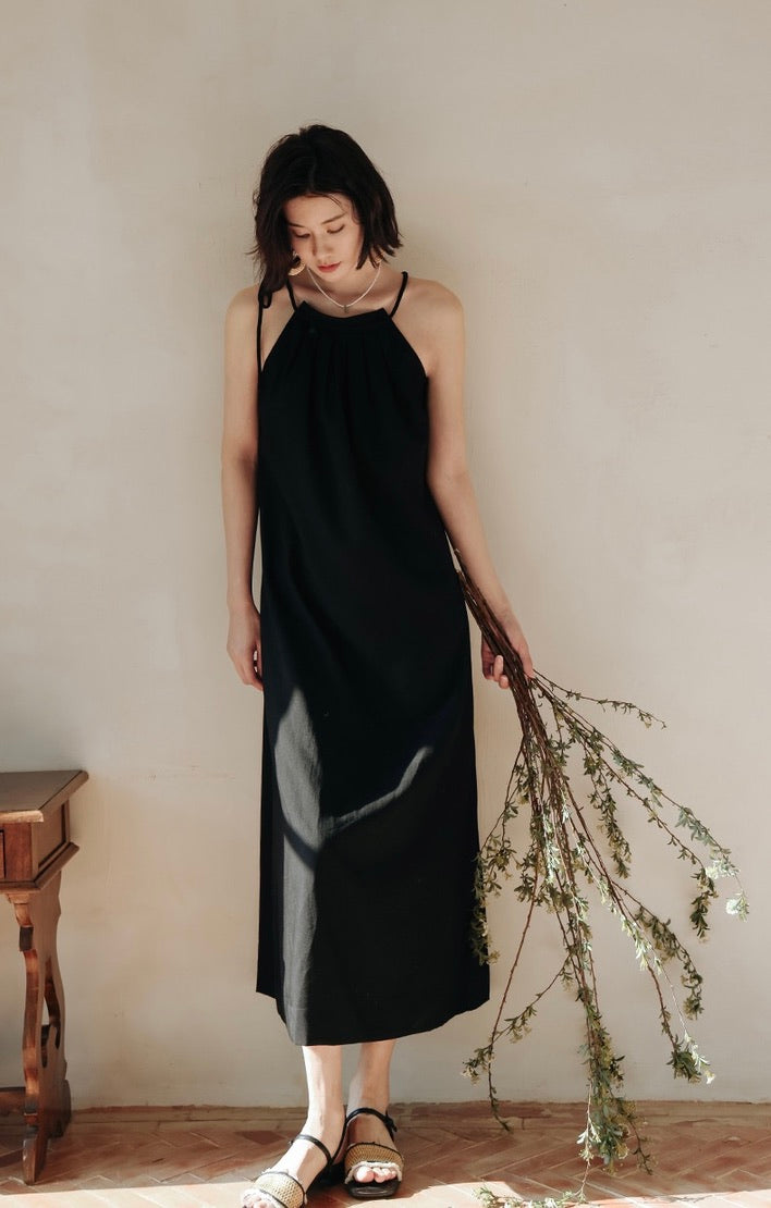 Ribbon Tie Maxi Dress in Black