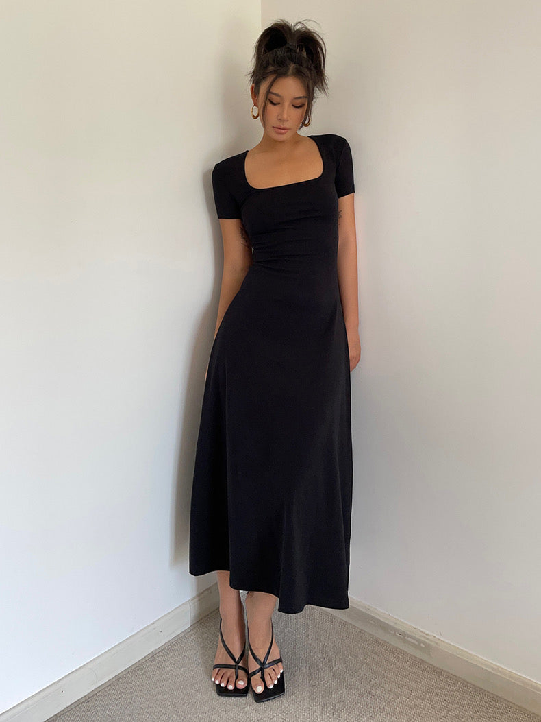 Short Sleeve Flare Maxi Dress in Black