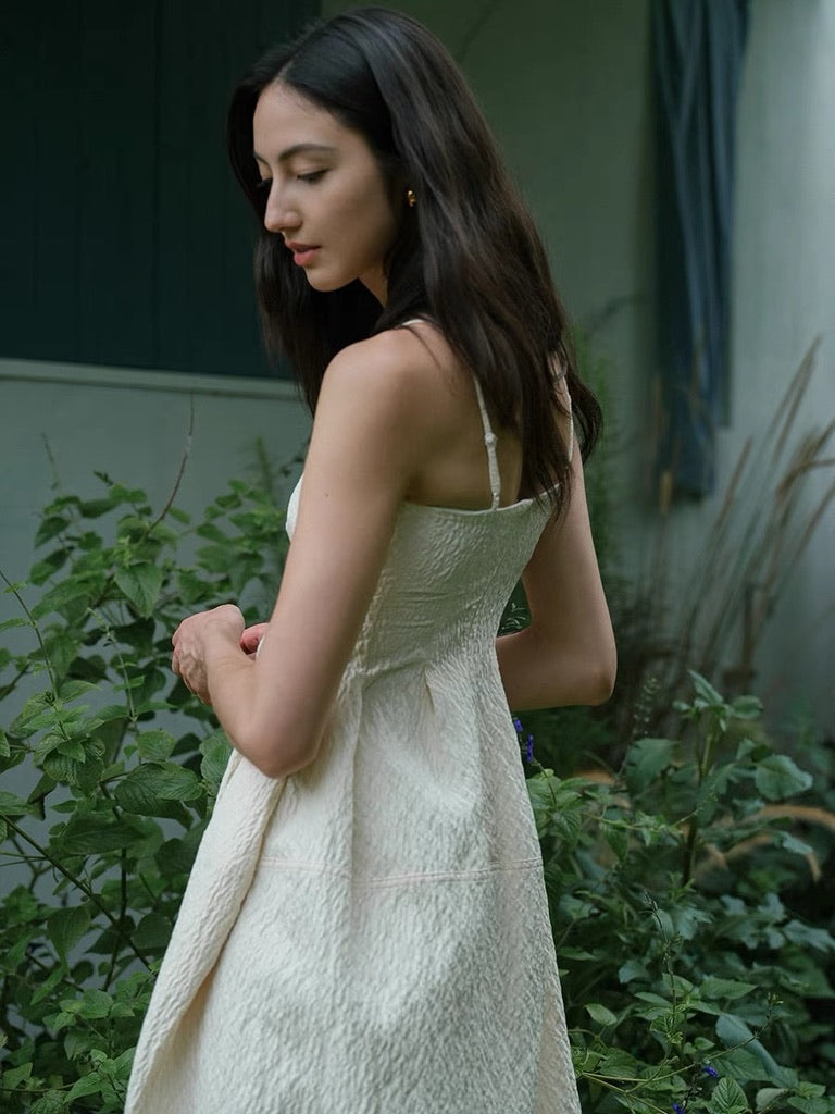 Textured Cami Mid Dress in Cream