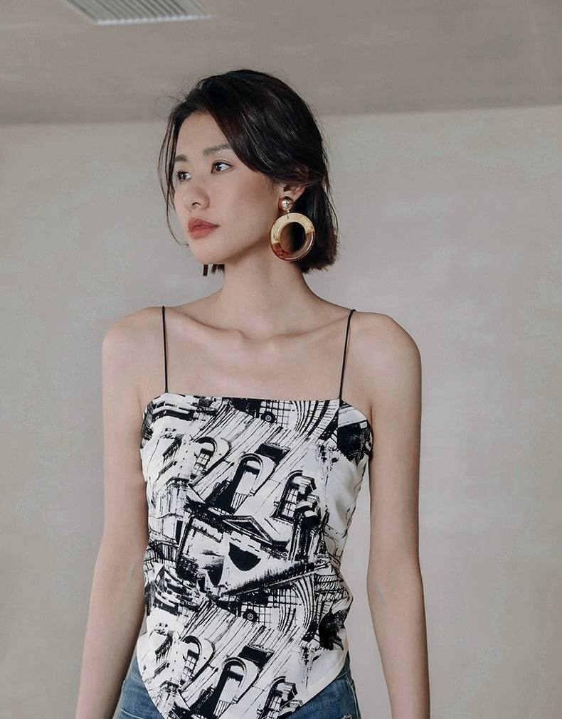 Printed Scarf Tie Camisole Top in White/Black