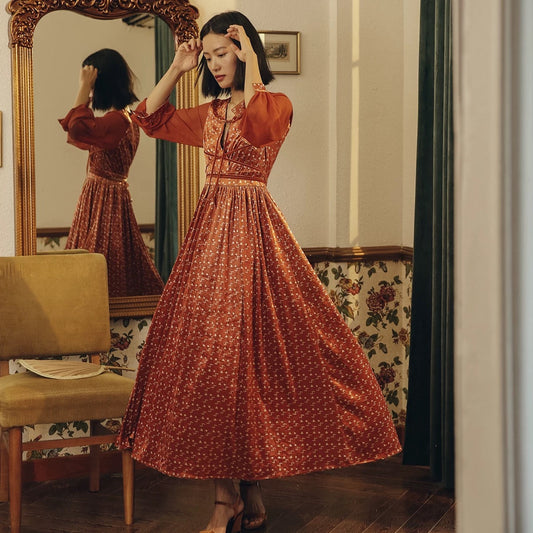 Printed Sheer Sleeve Maxi Dress in Orange