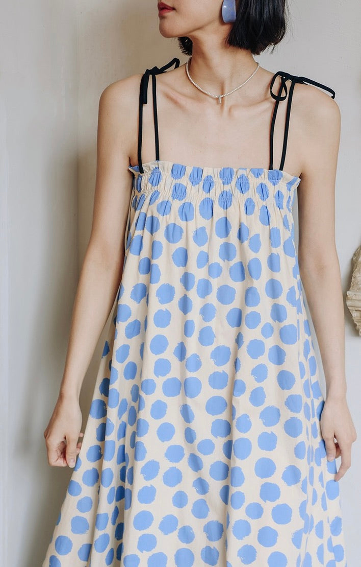 Polka Tie Strap Maxi Dress in Blue/Cream