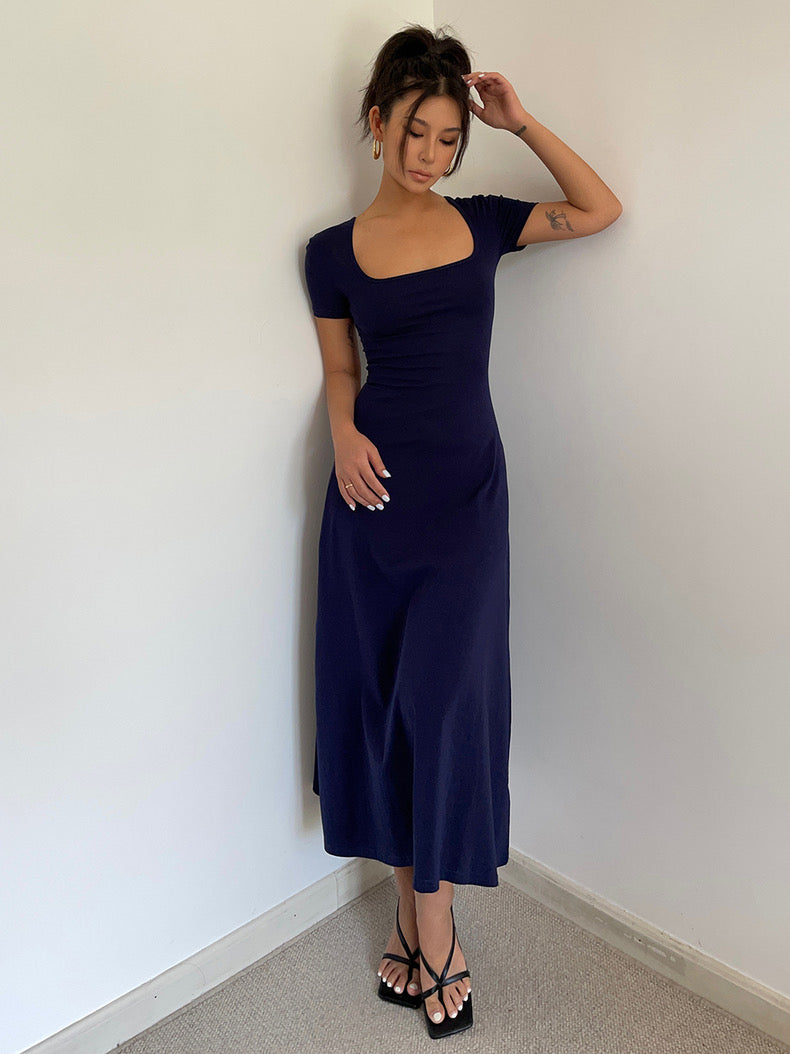 Short Sleeve Flare Maxi Dress in Navy