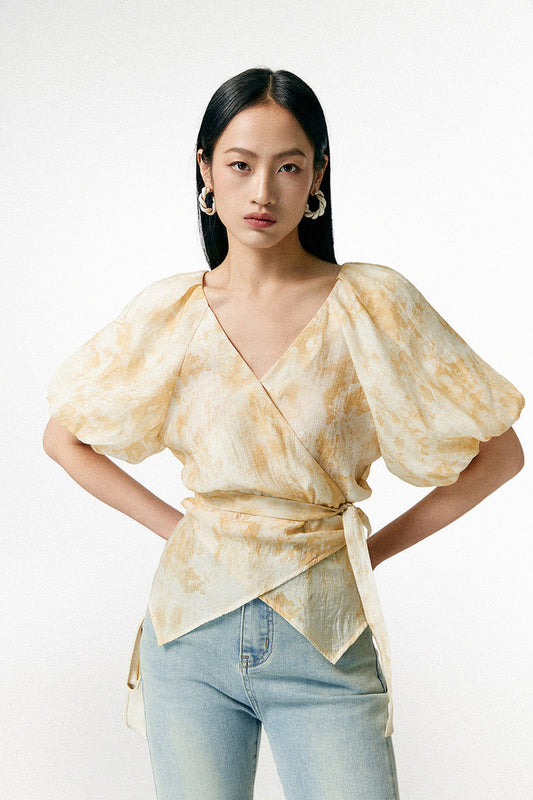 Tencel Printed Blouson Wrap Top in Yellow