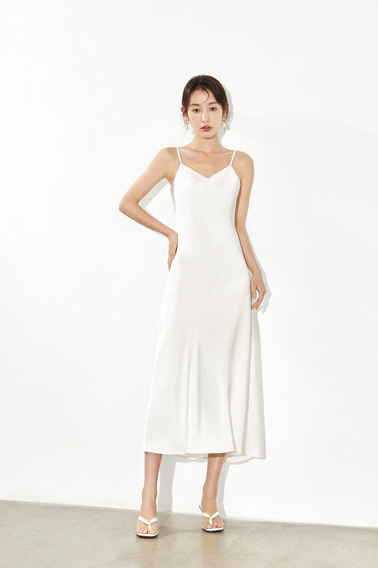 V Cami Slip Dress in White