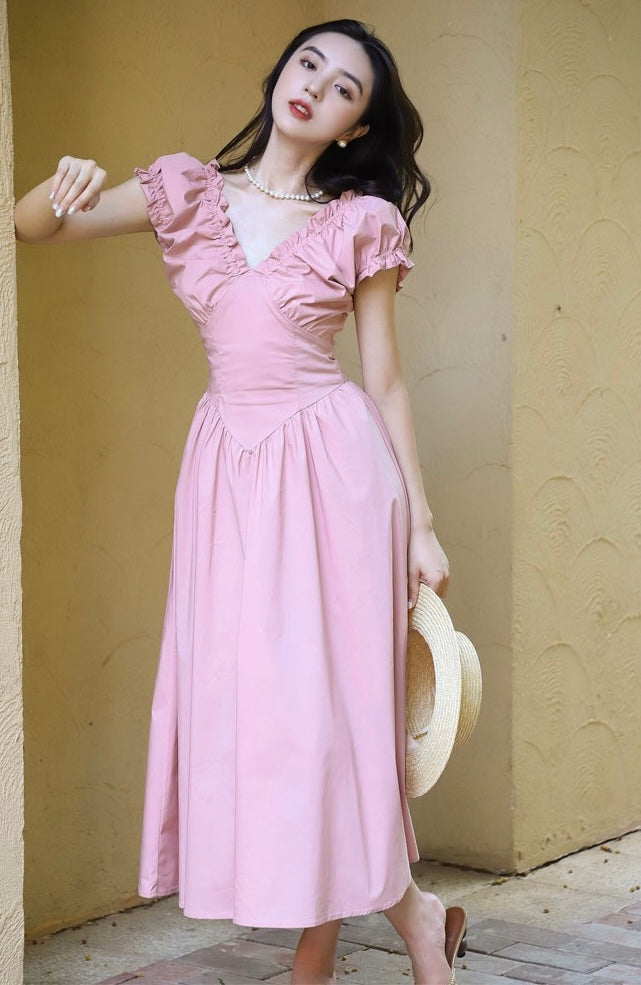 Puff Sleeve Pocket Maxi Dress in Pink