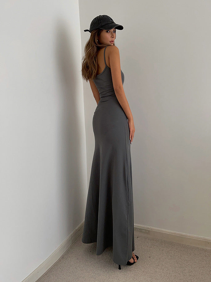 U Neck Cami Flare Maxi Dress- Grey