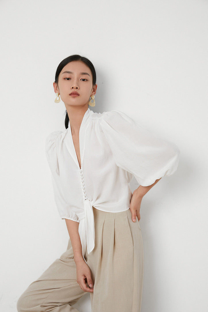 Tencel Blend Button Blouse in White