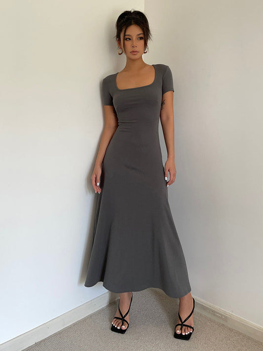 Short Sleeve Flare Maxi Dress in Grey