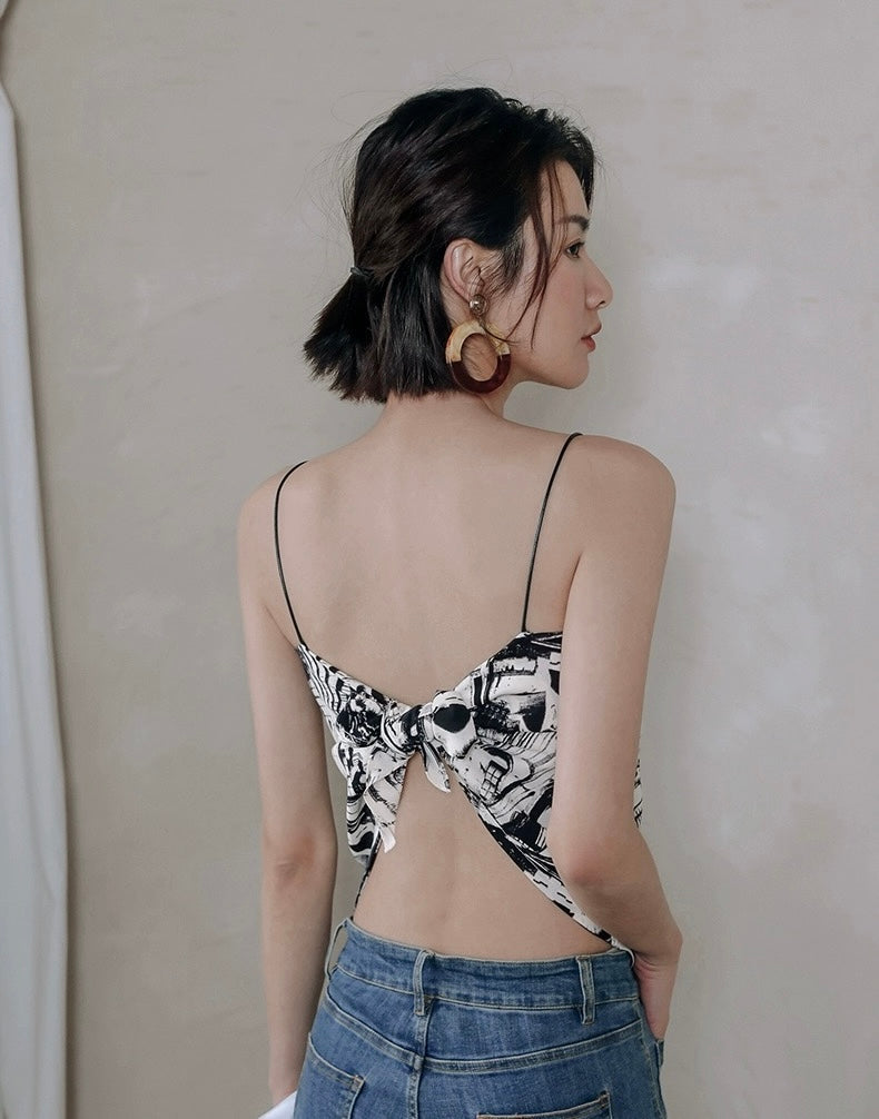 Printed Scarf Tie Camisole Top in White/Black