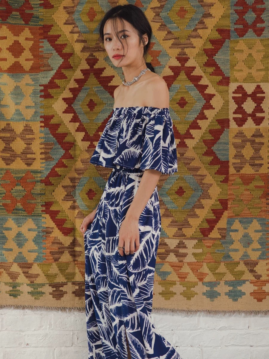 2-Way Off Shoulder Toga Printed Maxi Dress in Blue