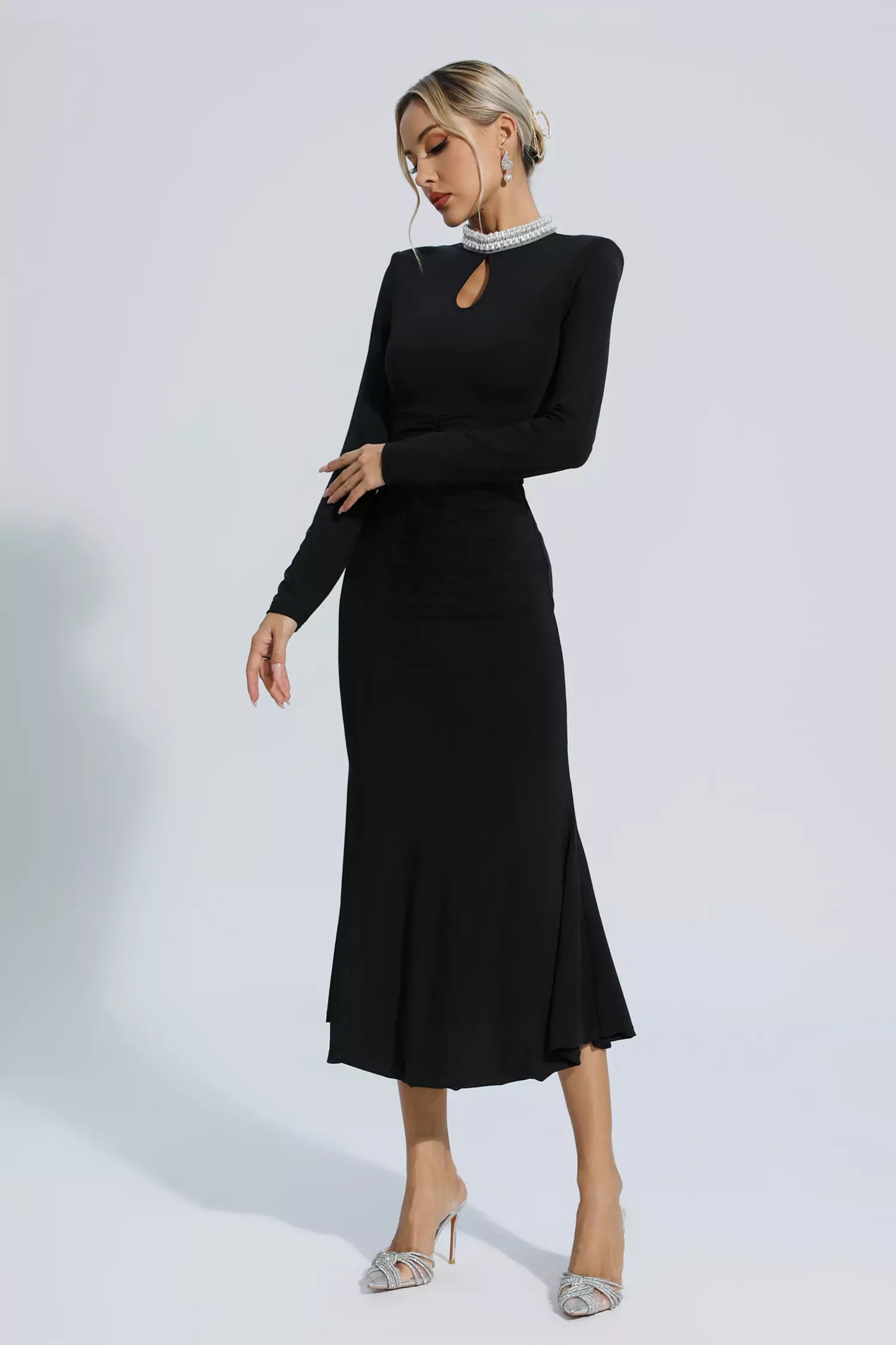 Christina Black Pearl Decorated Long Sleeve Dress FancyAdd Christina Black Pearl Decorated Long Sleeve Dress FancyAdd