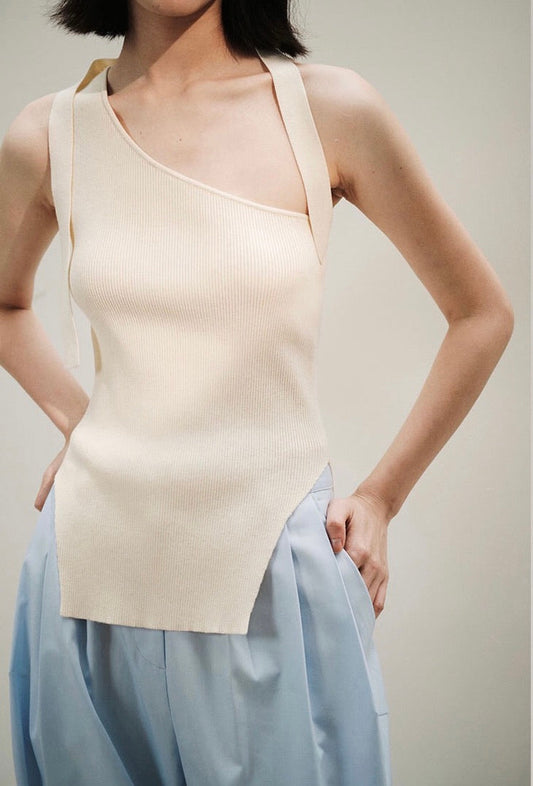 Asymmetric Knit Sleeveless Top in Cream