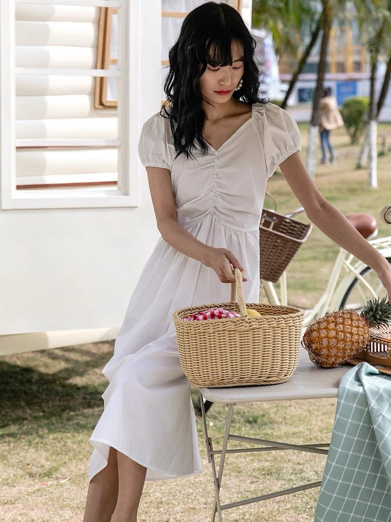 Puff Sleeve Shirring Dress in White