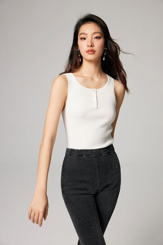 Tencel Blend Button Tank Top in White