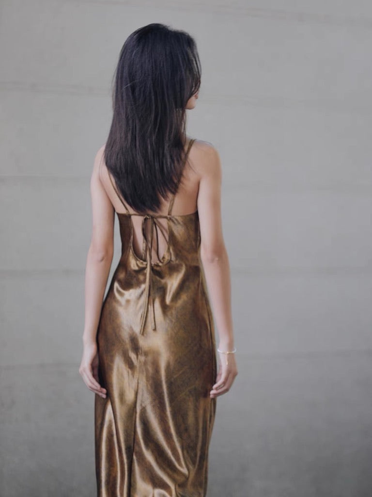 Metallic Tie Back Slip Dress in Gold FancyAdd Metallic Tie Back Slip Dress in Gold FancyAdd