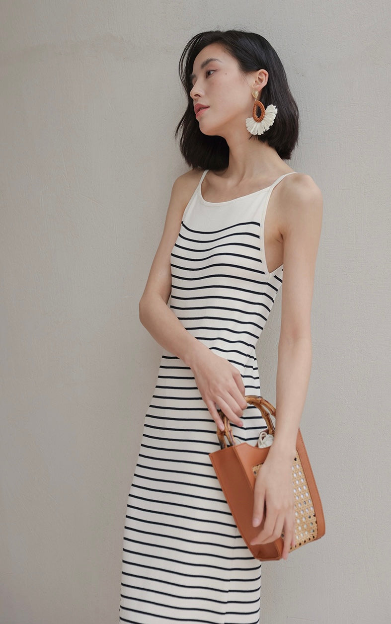 Striped Camisole Stretch Dress in White