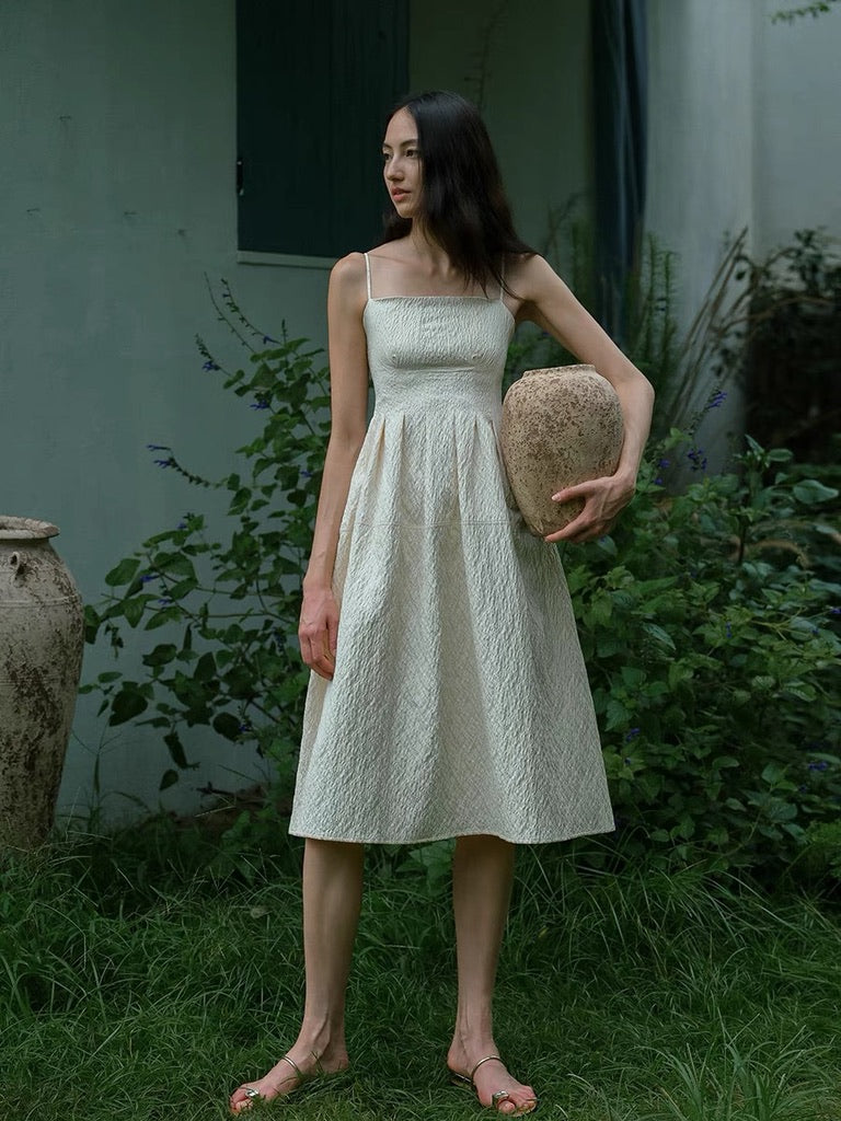 Textured Cami Mid Dress in Cream